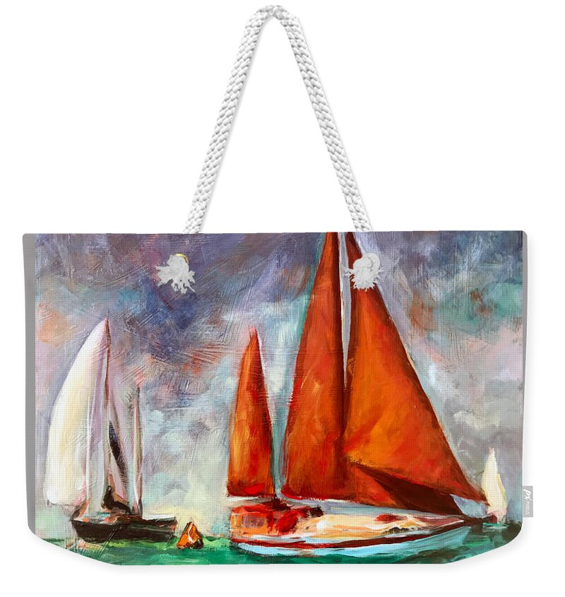 Bahamas Weekender Tote Bag featuring the painting Tanbarque Rounds the Mark by Josef Kelly