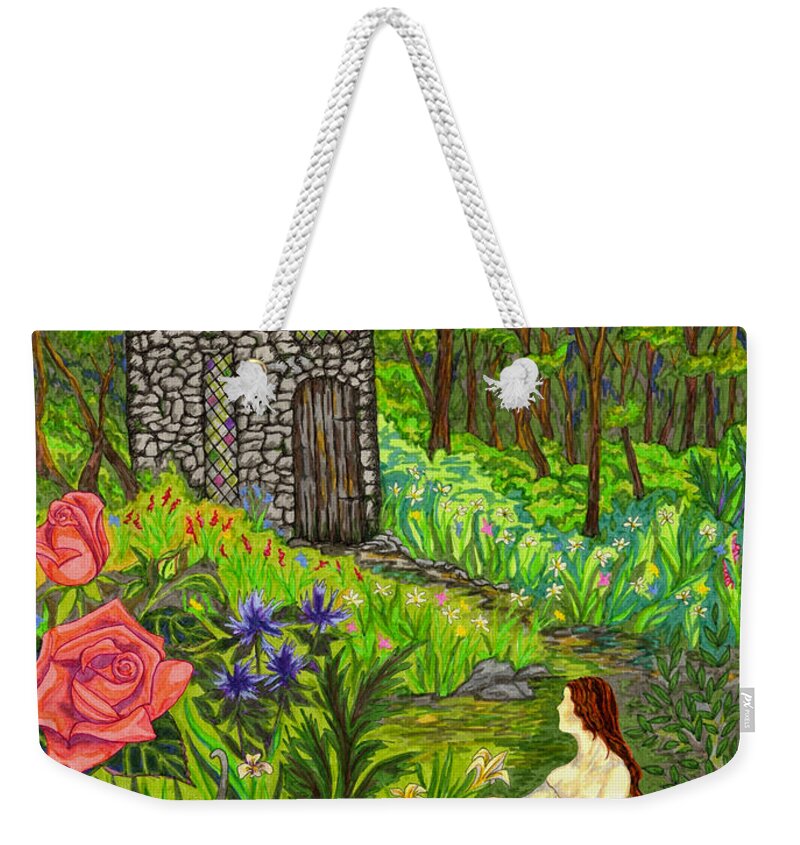 Blue Jay Weekender Tote Bag featuring the drawing Tansel's Garden by FT McKinstry