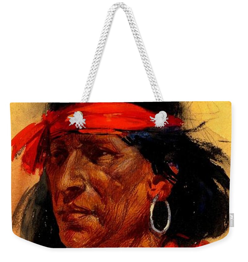 Taos Weekender Tote Bag featuring the painting Taos Pueblo Indian circa 1918 by Peter Ogden