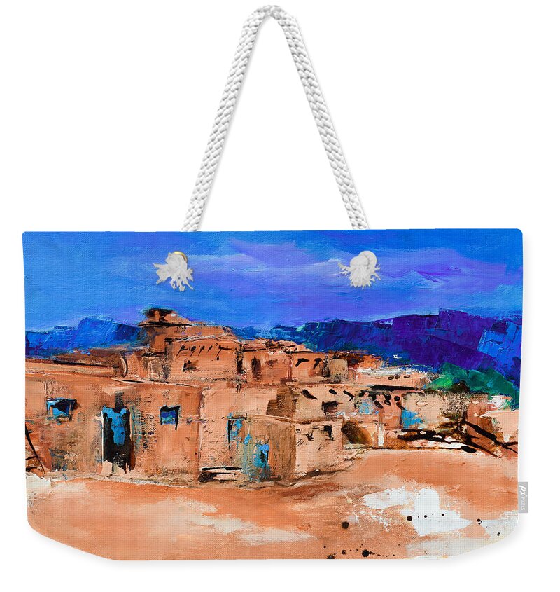 Taos Weekender Tote Bag featuring the painting Taos Pueblo Village by Elise Palmigiani