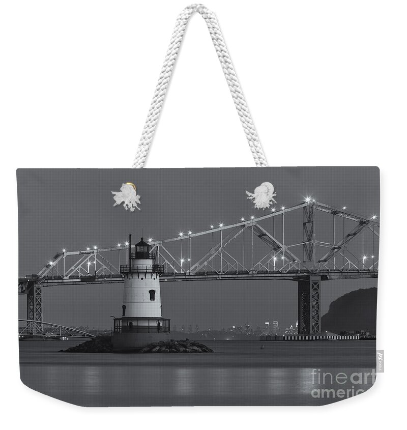 Clarence Holmes Weekender Tote Bag featuring the photograph Tarrytown Lighthouse and Tappan Zee Bridge at Twilight II by Clarence Holmes