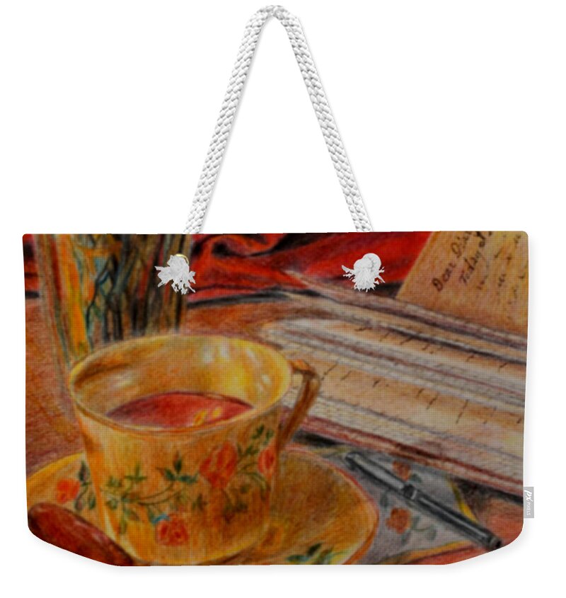 Cup Weekender Tote Bag featuring the painting Tea and Diary by Quwatha Valentine