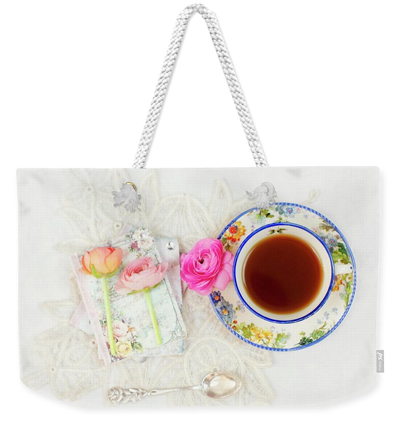 Tea Weekender Tote Bag featuring the photograph Tea and Journals with Ranunculus by Susan Gary