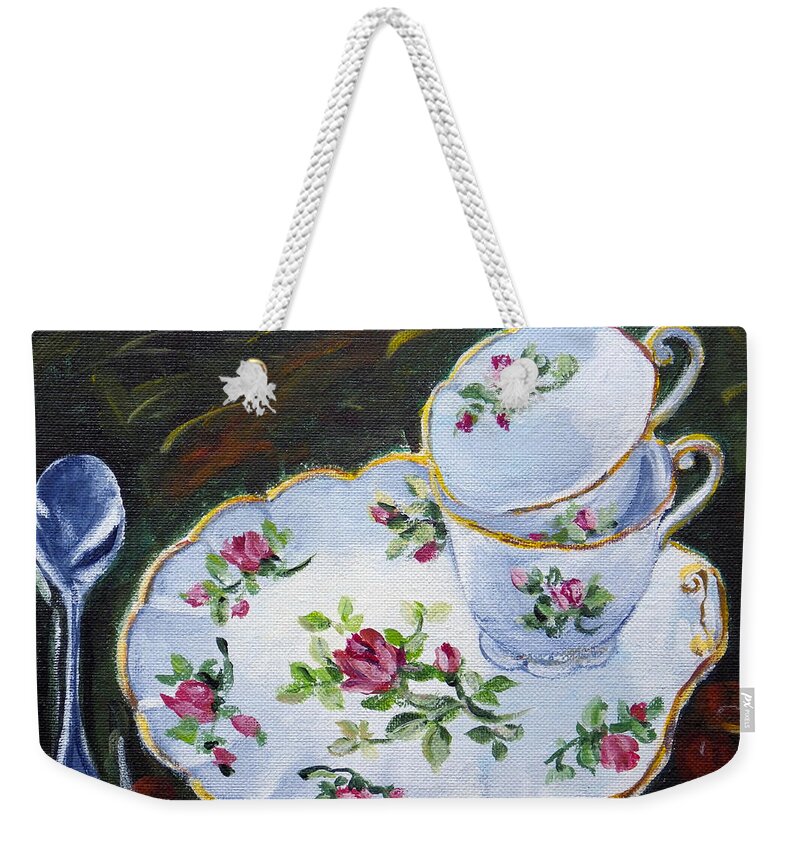 Cups And Saucer Weekender Tote Bag featuring the painting Tea Set by Ingrid Dohm