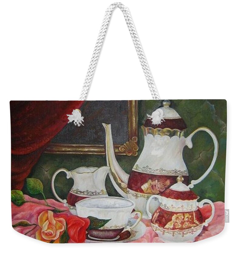 Still Life Weekender Tote Bag featuring the painting Tea time by Netka Dimoska