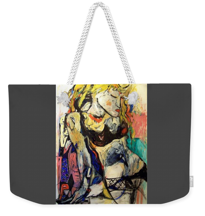 Teal Blonde Female Figure Painterly Swimsuit Beach Black Thong Gnarly Hair Reflection Weekender Tote Bag featuring the mixed media Teal Blonde by Mykul Anjelo