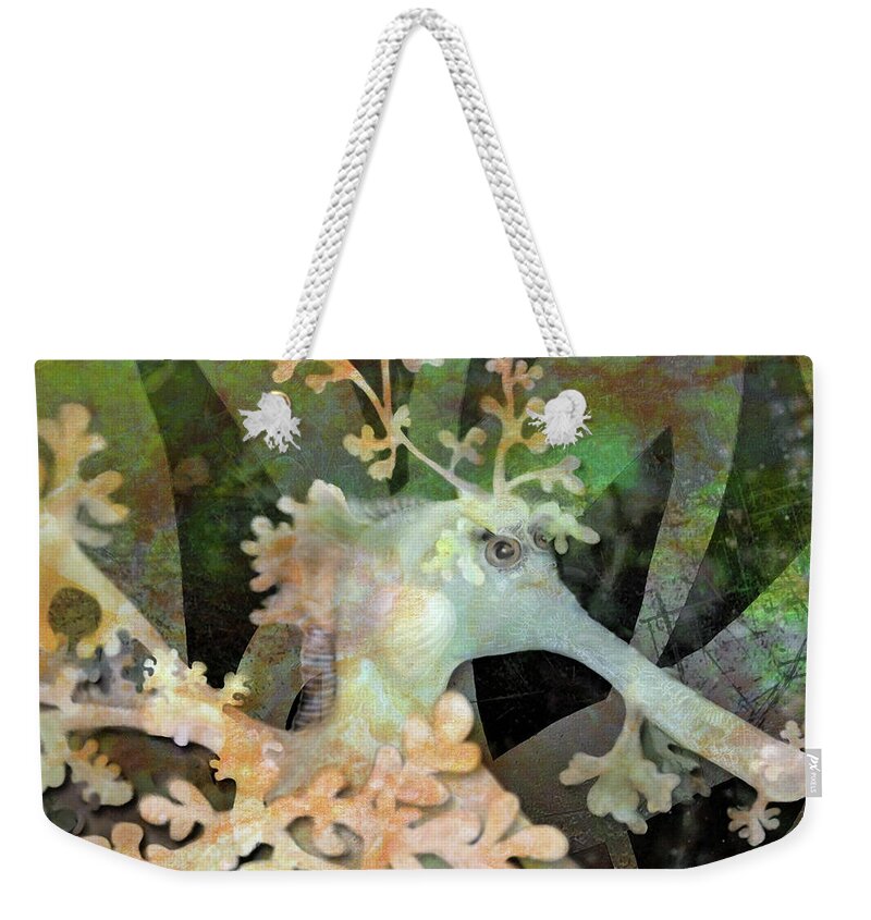 Seadragon Weekender Tote Bag featuring the digital art Teal Leafy Sea Dragon by Sand And Chi