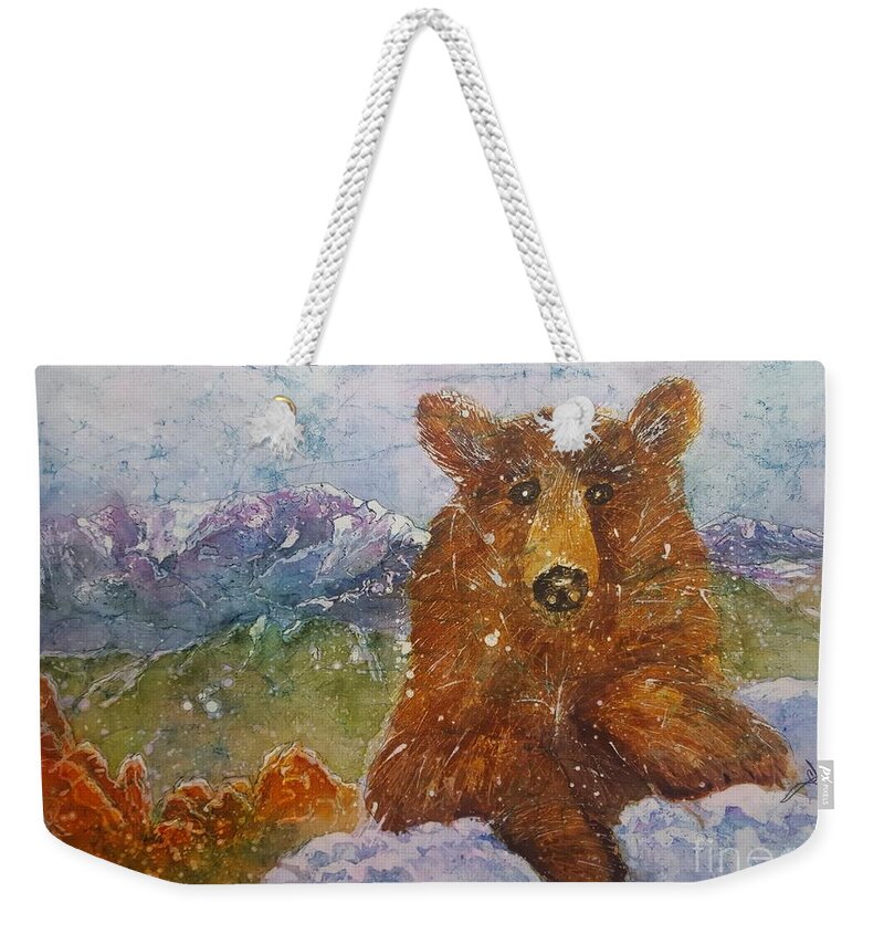 Garden Of The Gods Weekender Tote Bag featuring the painting Teddy wakes up in the most desireable city in the nation by Carol Losinski Naylor