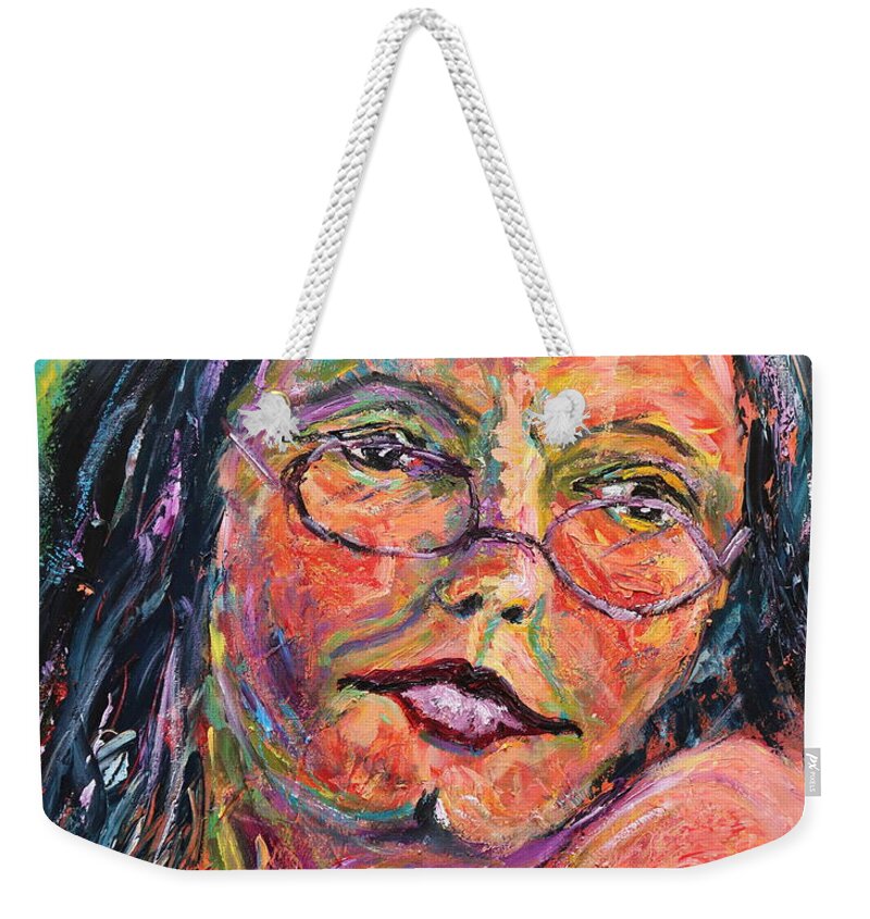 Portrait Weekender Tote Bag featuring the painting Tell me more by Madeleine Shulman
