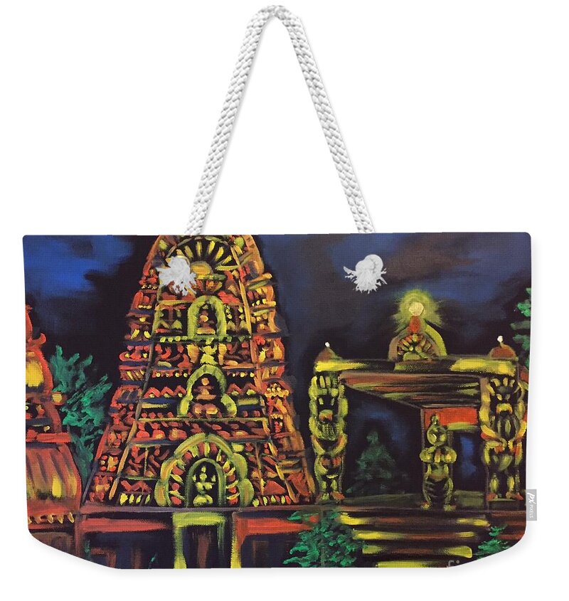 Temple Weekender Tote Bag featuring the painting Temple lights in the night by Brindha Naveen