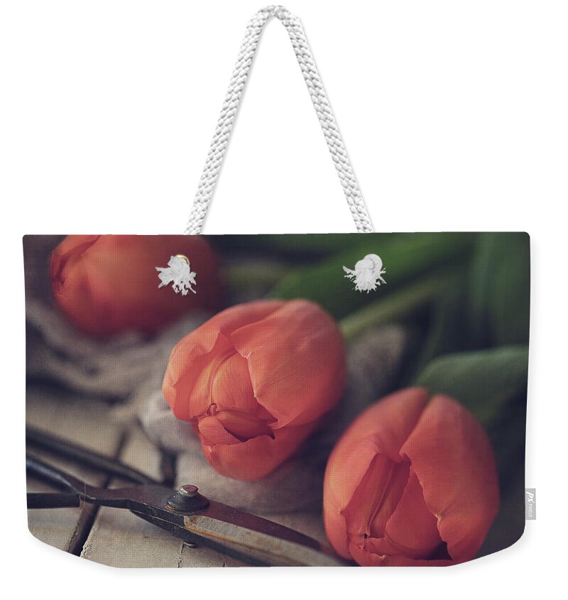 Spring Weekender Tote Bag featuring the photograph Tending the Tulips by Teresa Wilson