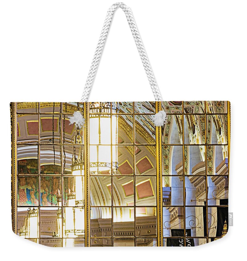 Terminal Tower Weekender Tote Bag featuring the photograph Terminal Tower Reflections by Jackie Sajewski
