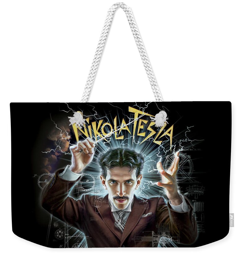 Nikola Tesla Weekender Tote Bag featuring the digital art Tesla, Conductor of Electricity by Mark Fredrickson