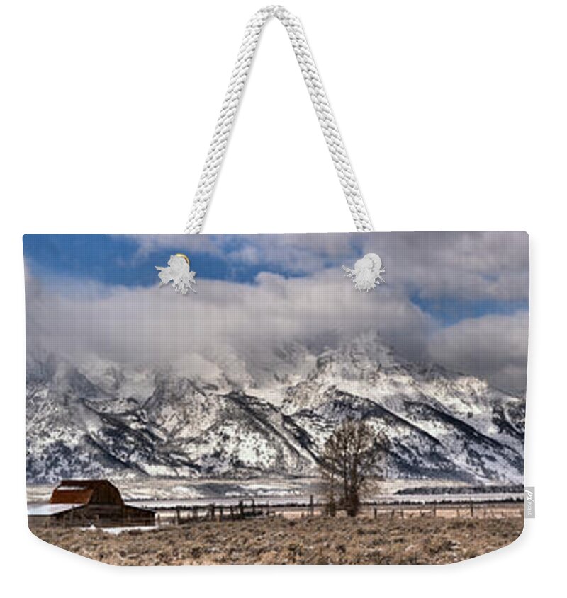 Mormon Row Weekender Tote Bag featuring the photograph Teton Mormon Homestead Panorama by Adam Jewell