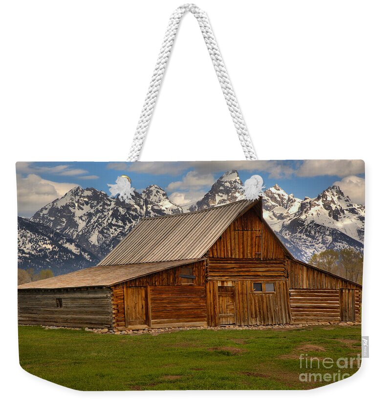 Moulton Barn Weekender Tote Bag featuring the photograph Teton Mountain Barn by Adam Jewell