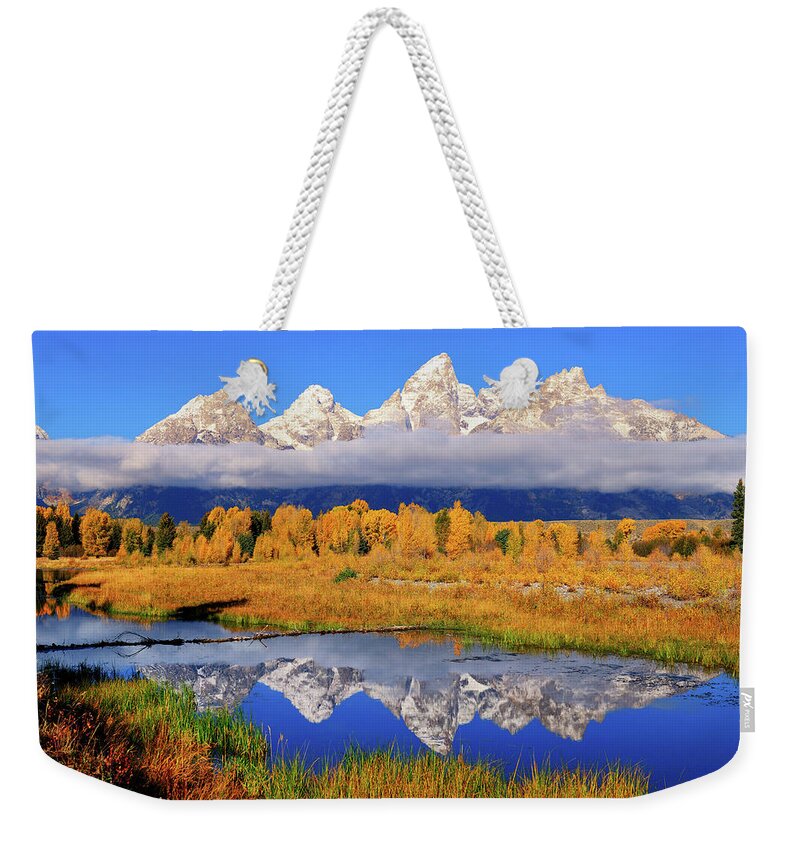 Tetons Weekender Tote Bag featuring the photograph Teton Peaks Reflections by Greg Norrell