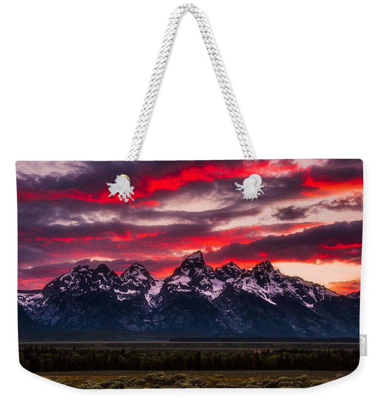 Grand Teton Weekender Tote Bag featuring the photograph Teton Sunset by Darren White