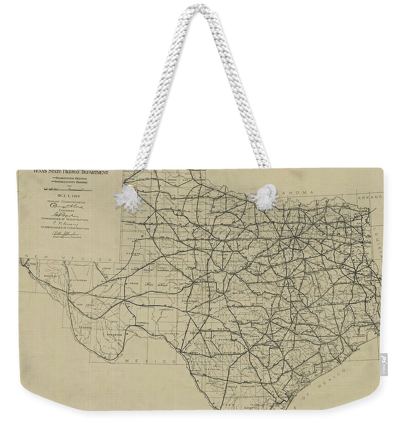 Map Weekender Tote Bag featuring the digital art Texas 1919, Texas Highway Department by Texas Map Store