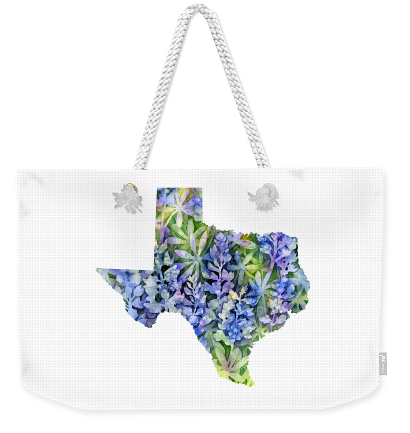 Texas Weekender Tote Bag featuring the painting Texas Blue Texas Map on White by Hailey E Herrera