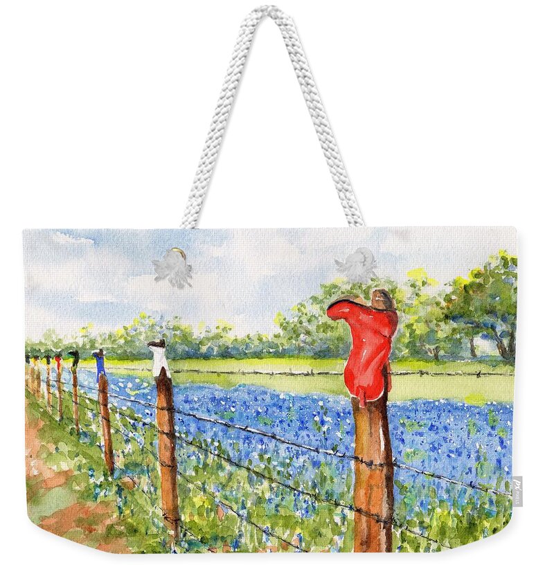 Texas Weekender Tote Bag featuring the painting Texas Bluebonnets Boot Fence by Carlin Blahnik CarlinArtWatercolor