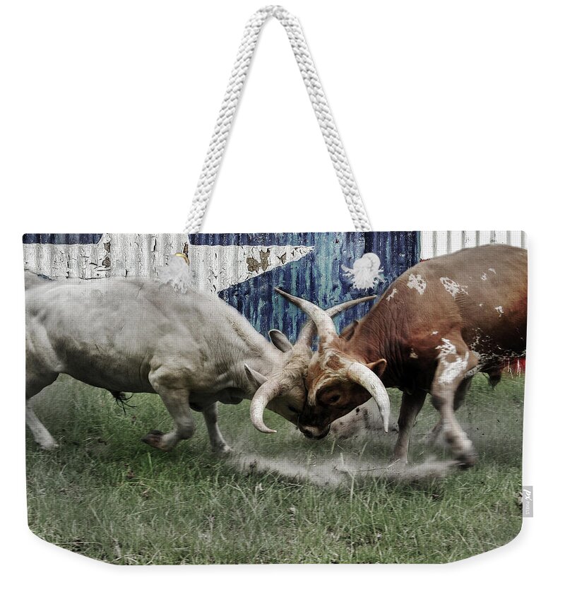 Texas Weekender Tote Bag featuring the digital art Texas Bull Fight by Brad Thornton