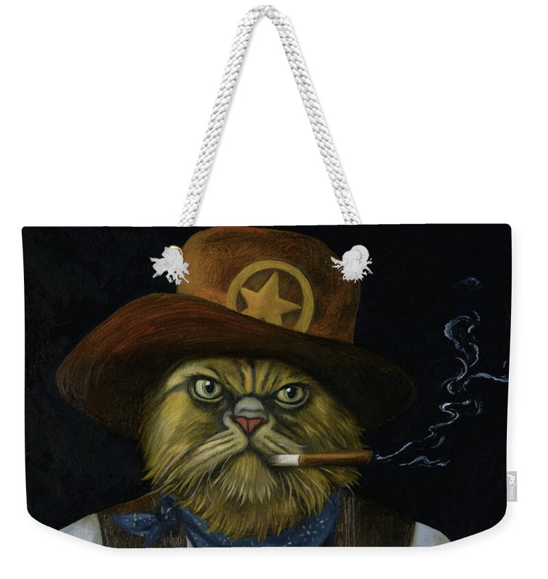 Cat Weekender Tote Bag featuring the painting Texas Cat With An Attitude by Leah Saulnier The Painting Maniac