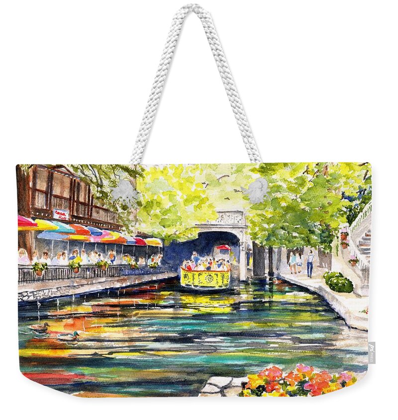 Texas Weekender Tote Bag featuring the painting Texas San Antonio River Walk by Carlin Blahnik CarlinArtWatercolor