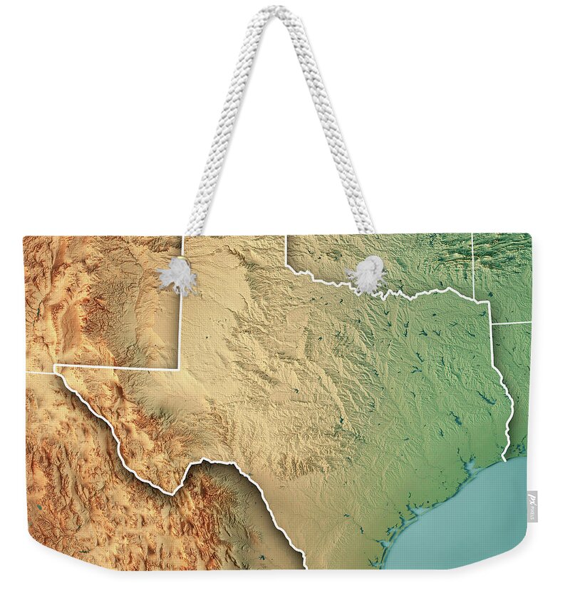 Texas Weekender Tote Bag featuring the digital art Texas State USA 3D Render Topographic Map Border by Frank Ramspott