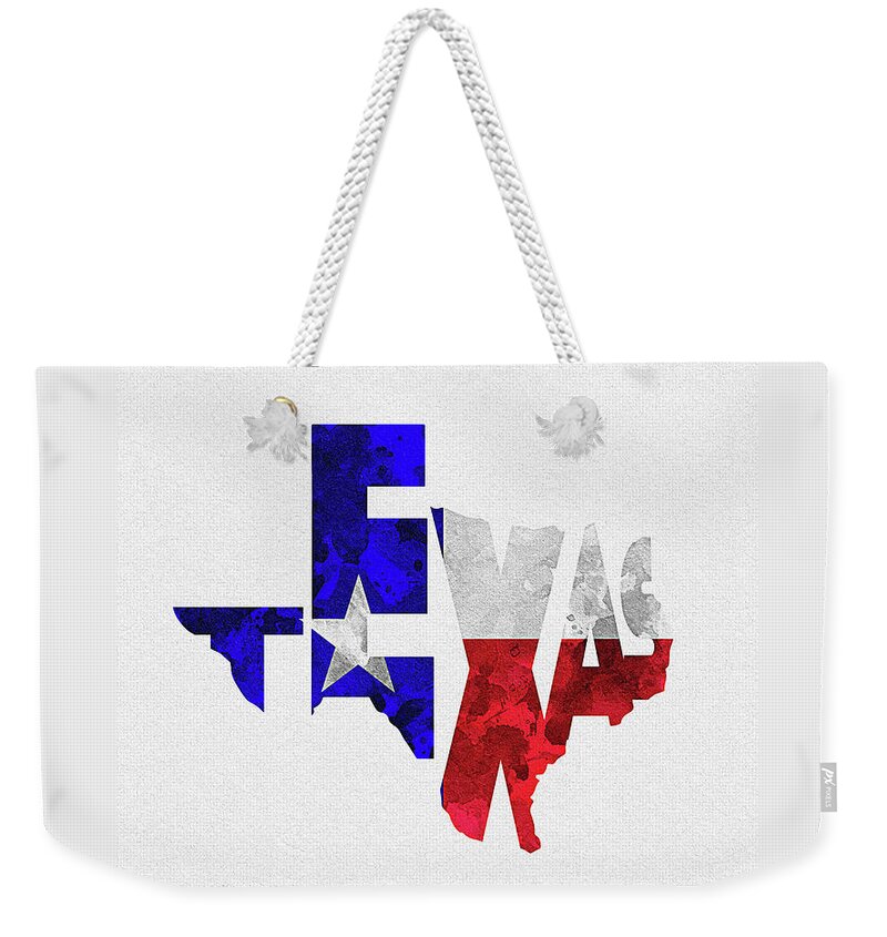 Texas Weekender Tote Bag featuring the digital art Texas Typographic Map Flag by Inspirowl Design