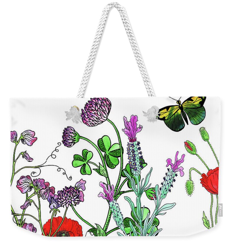 Wildflowers Weekender Tote Bag featuring the painting Thank You Very Much Card Watercolor Flowers And Butterflies by Irina Sztukowski