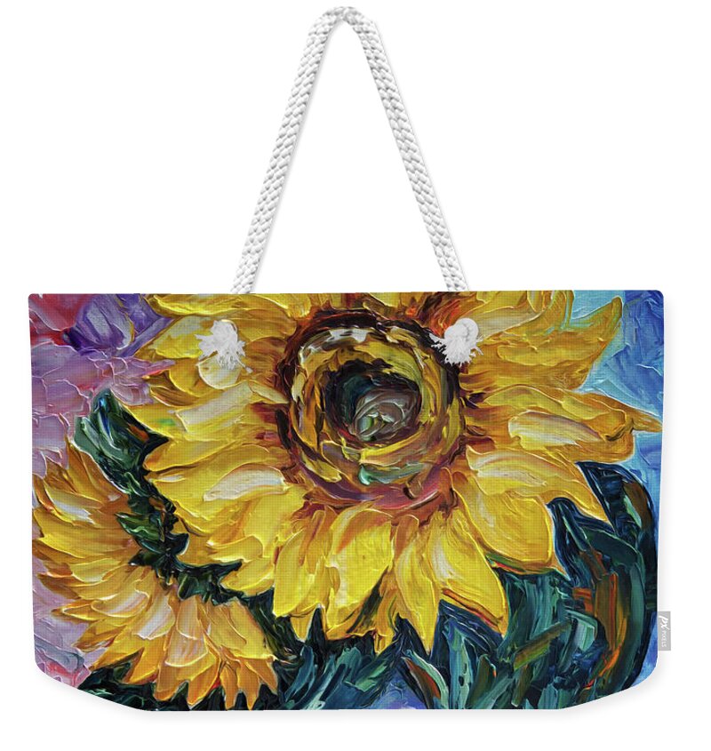 Olena Art Weekender Tote Bag featuring the painting That Sunflower From The Sunflower State Palette Knife Technique by O Lena