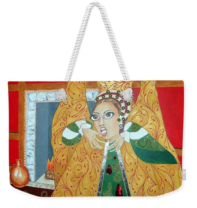 Tudor Weekender Tote Bag featuring the mixed media The 5th, Beheaded -- Tudor Portrait, Catherine Howard, #3 in Famous Flirts Series by Jayne Somogy