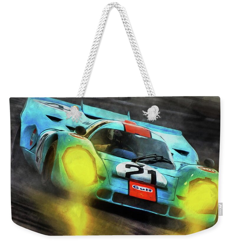 Porsche Weekender Tote Bag featuring the painting The 917K by Tano V-Dodici ArtAutomobile