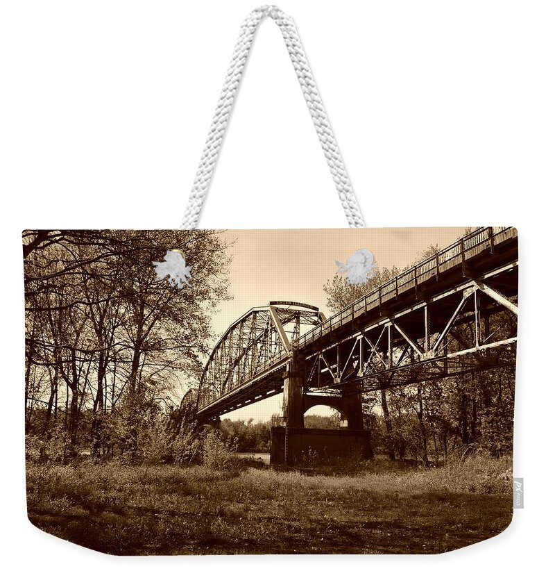 Sepia Weekender Tote Bag featuring the photograph The Abandoned Bridge by Stacie Siemsen