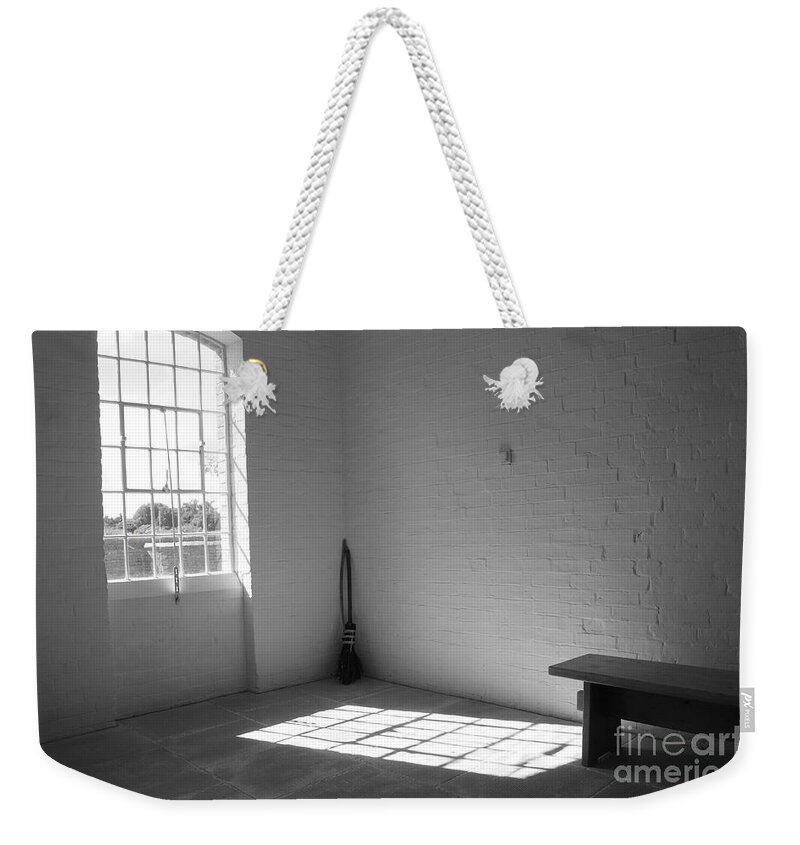 Welfare Weekender Tote Bag featuring the photograph The Art of Welfare. Broom and bench. by Elena Perelman
