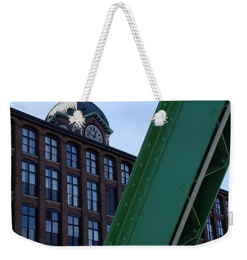 Duck Bridge Weekender Tote Bag featuring the photograph The Ayer Mill and Clock Tower by Mary Capriole