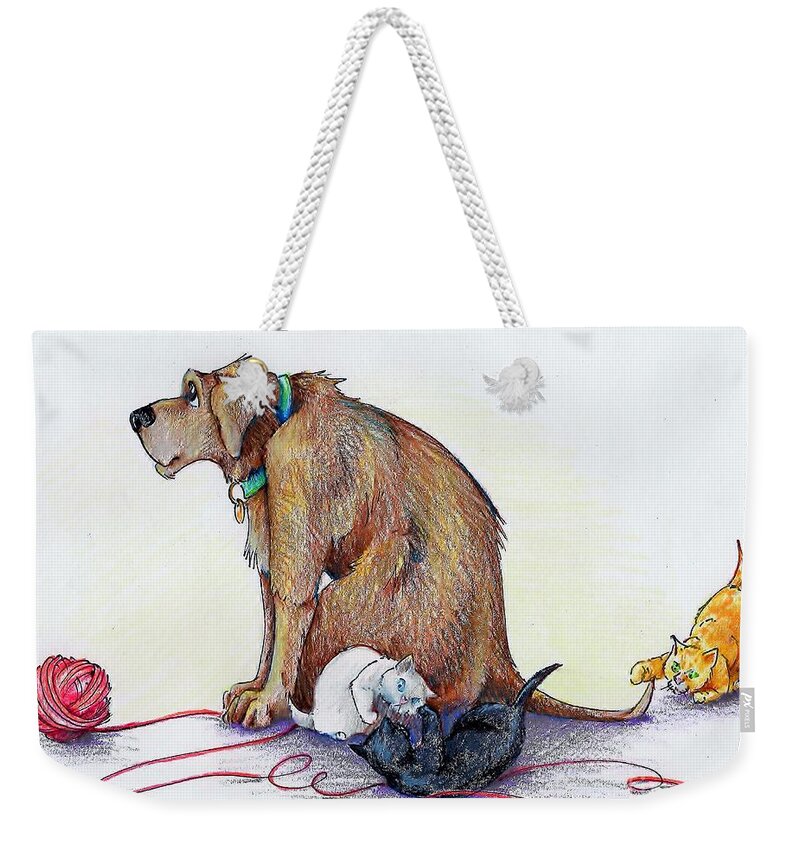 Dog Weekender Tote Bag featuring the drawing The baby-sitter by K M Pawelec