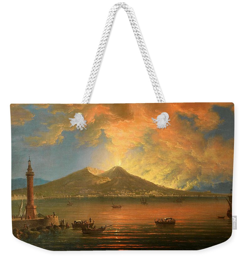 Pietro Antoniani Weekender Tote Bag featuring the painting The Bay of Naples with the eruption of Vesuvius seen from the Riviera di Chiaia by Pietro Antoniani