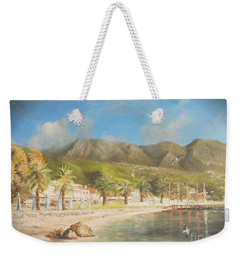 Summer Weekender Tote Bag featuring the painting The beach of Ipsos by Sorin Apostolescu
