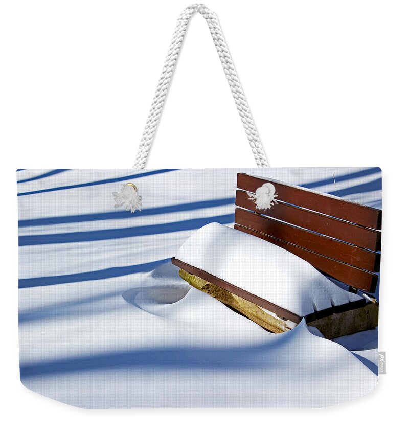 Winter Weekender Tote Bag featuring the photograph The Bench - The Guild Inn by Spencer Bush