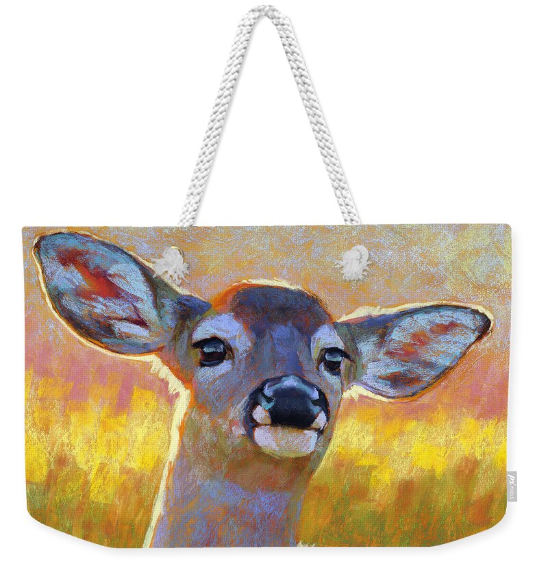 Animals Weekender Tote Bag featuring the painting The Better to Hear You With My Dear by Rita Kirkman
