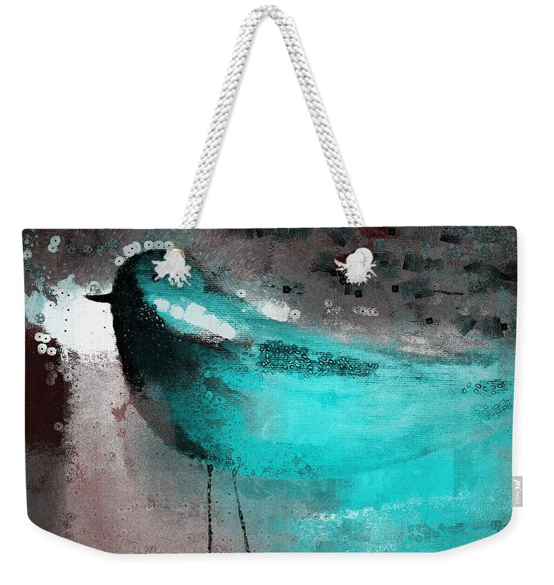 Turquoise Weekender Tote Bag featuring the painting The Bird - j052143191gr by Variance Collections