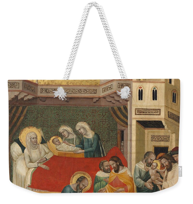 Giovanni Baronzio Weekender Tote Bag featuring the painting The Birth Naming and Circumcision of Saint John the Baptist by Giovanni Baronzio