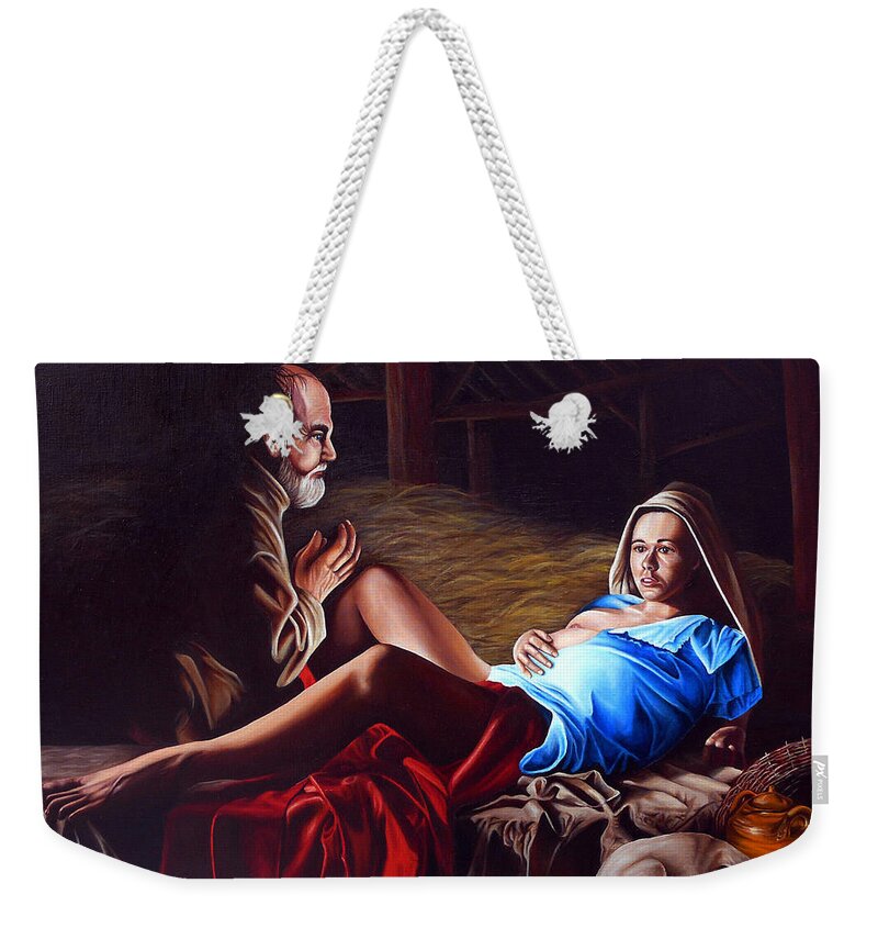 Virgin Mary Weekender Tote Bag featuring the painting The Birth by Vic Ritchey