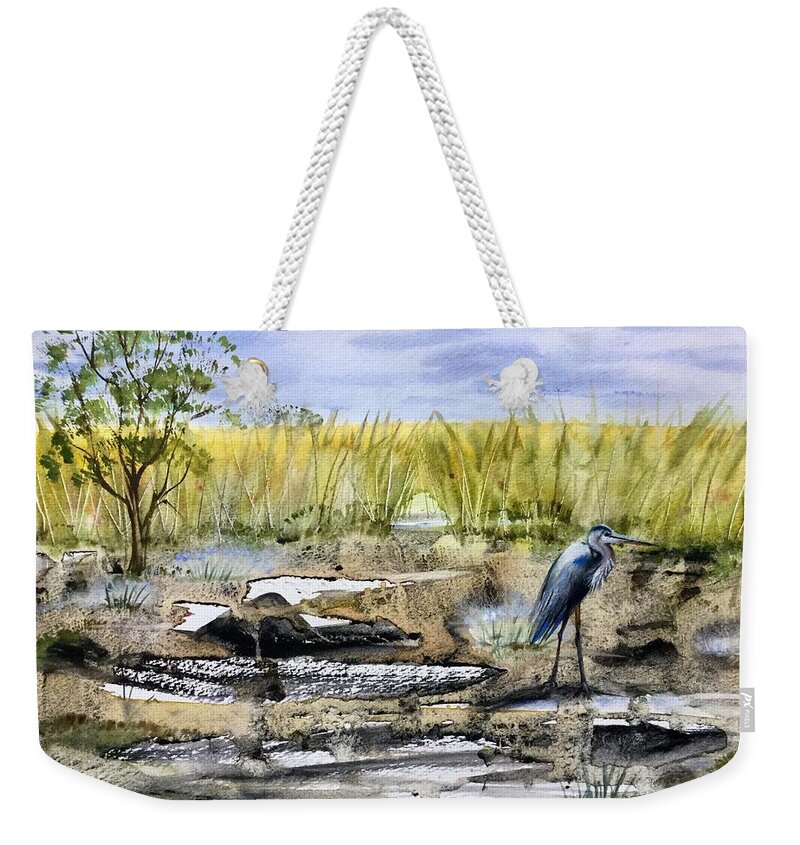 Bird Weekender Tote Bag featuring the painting The blue egret by Katerina Kovatcheva