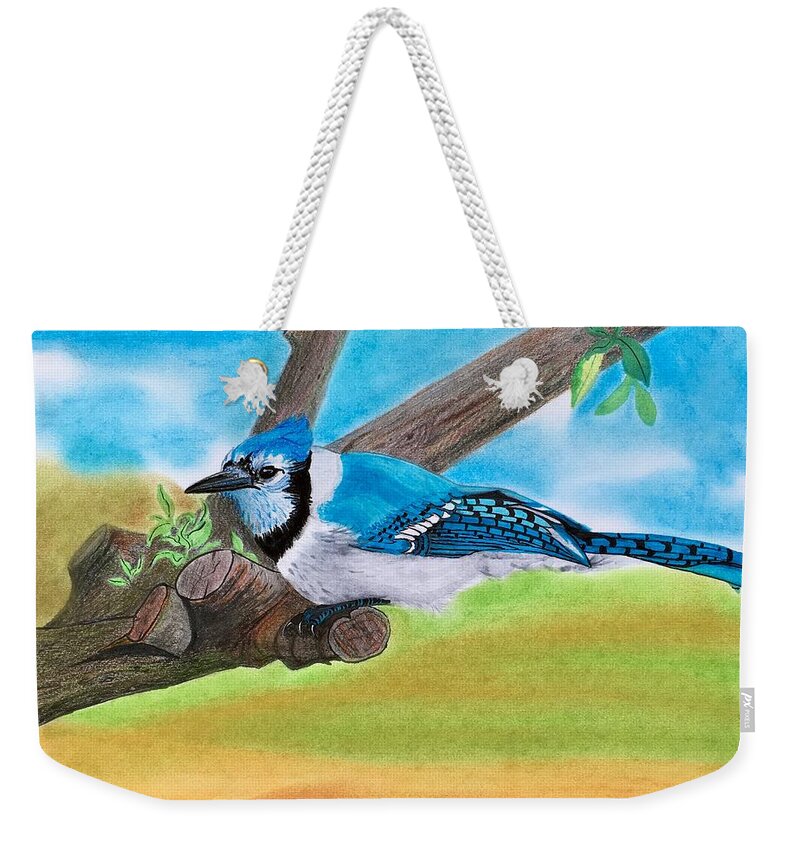 Birds Weekender Tote Bag featuring the drawing The blue jay by Tony Clark