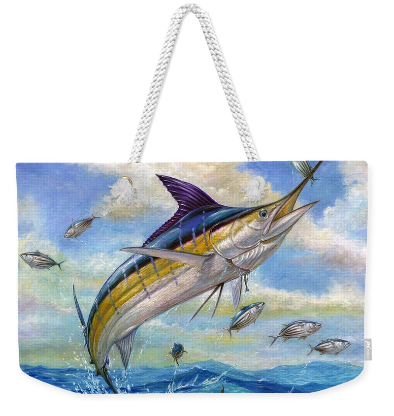 Blue Marlin Weekender Tote Bag featuring the painting The Blue Marlin Leaping To Eat by Terry Fox