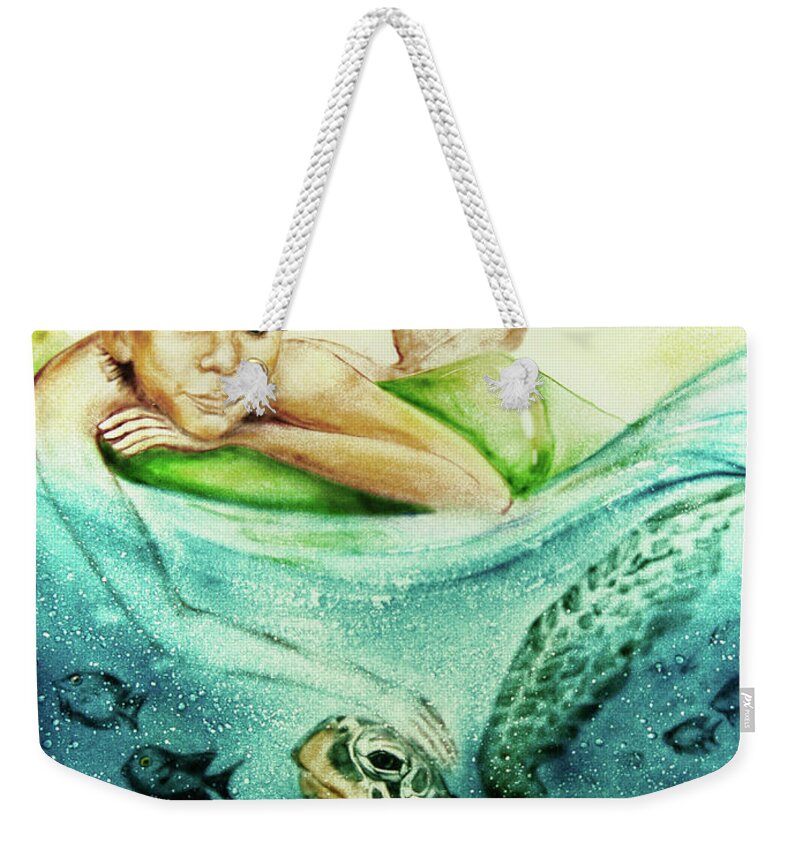 Russian Artists New Wave Weekender Tote Bag featuring the painting The Boy and the Turtle by Elena Vedernikova