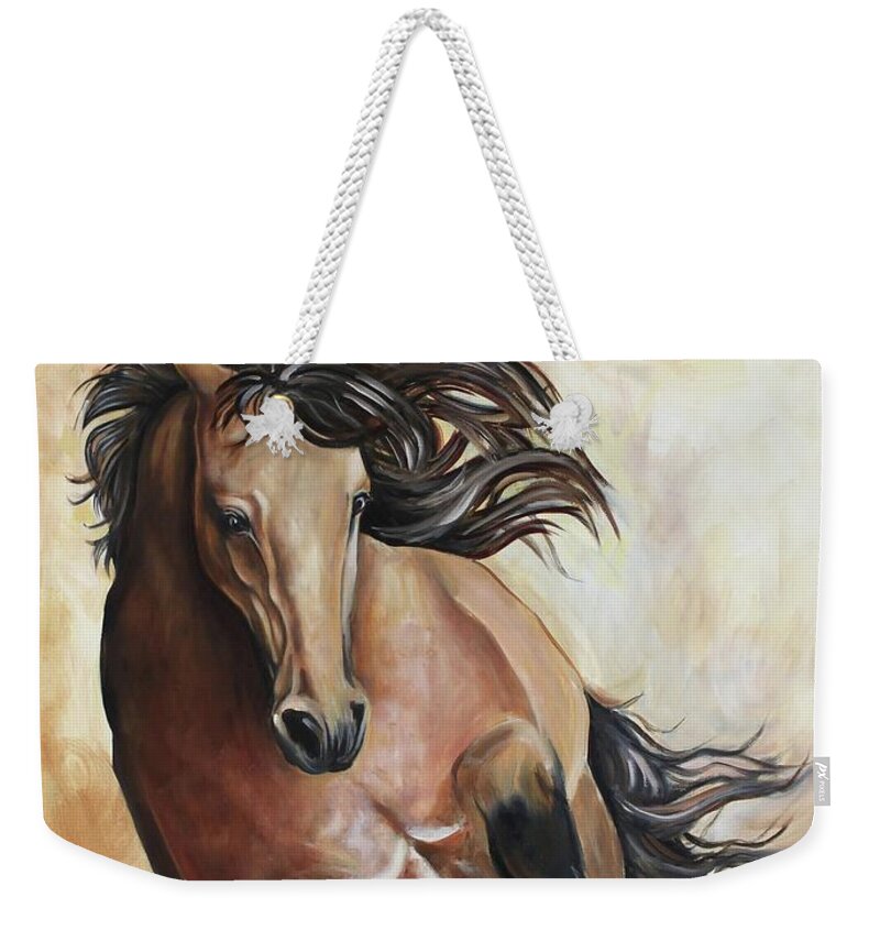 Horse Weekender Tote Bag featuring the painting The Buckskin Gallop by Debbie Hart