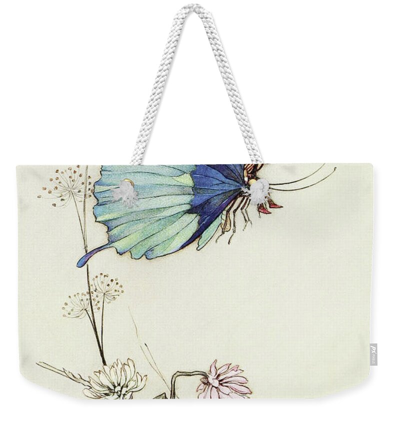 Tom Thumb Weekender Tote Bag featuring the drawing The Butterfly Took Wing, and Mounted Into the Air with little Tom Thumb on his Back by Warwick Goble